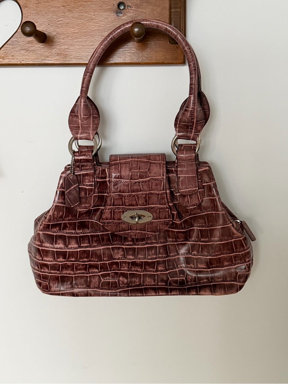 Danier Chestnut Brown Croc-Embossed Shoulder Bag